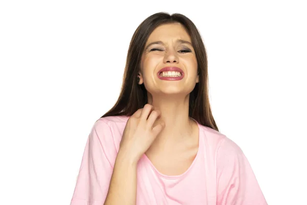 Young Woman Has Itch Her Neck White Background — Stock Photo, Image