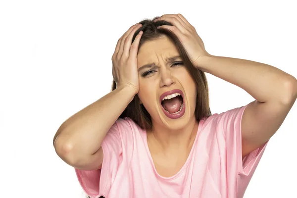 Young Woman Strong Headache White Background — Stock Photo, Image