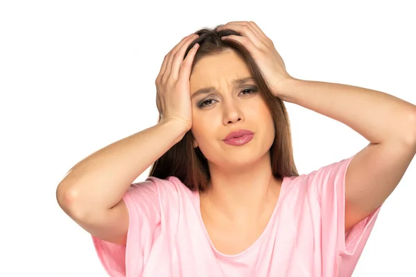 Young Woman Strong Headache White Background — Stock Photo, Image