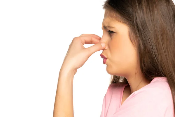Young Disgusted Woman Pinching Her Nose White Background — Stock Photo, Image