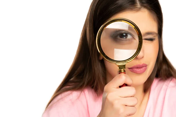 Young Woman Stares Magnifying Glass White Background — Stock Photo, Image