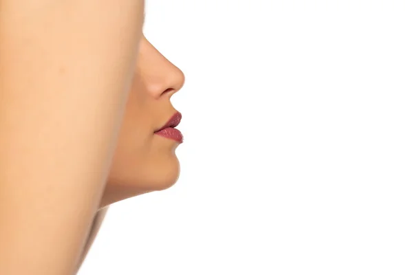 Closeup Profile Nose Mouth Young Beautiful Woman White Background — Stock Photo, Image