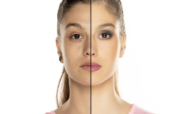 Retrato Comparação Mesma Mulher Antes Depois Reforma Fundo Branco — Fotografia de Stock