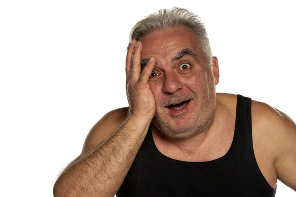 Happy Shocked Middle Aged Man Short Gray Hair White Background — Stock Photo, Image