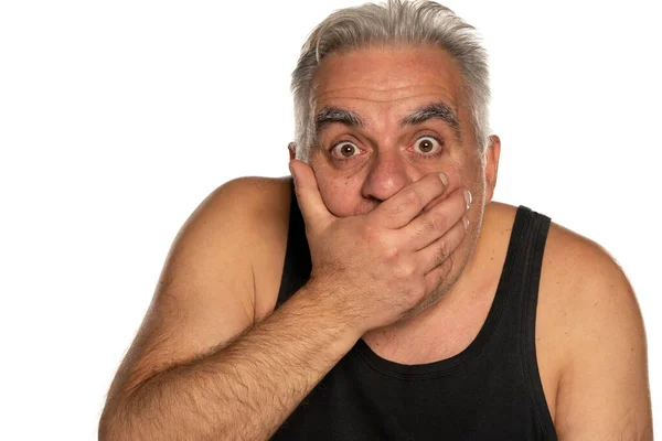 Shocked Middle Aged Man Short Gray Hair White Background — Stock Photo, Image