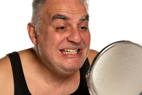 Middle Aged Man Checks His Teeth White Background — Stock Photo, Image