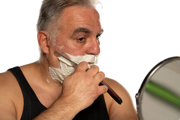 Mann Mittleren Alters Mit Kurzen Grauen Haaren Rasiert Versteckte Bart — Stockfoto
