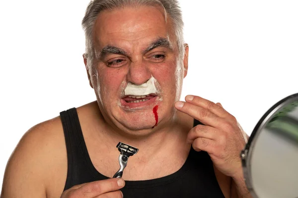 Nervous Middle Aged Man Blood His Face White Background — Stock Photo, Image