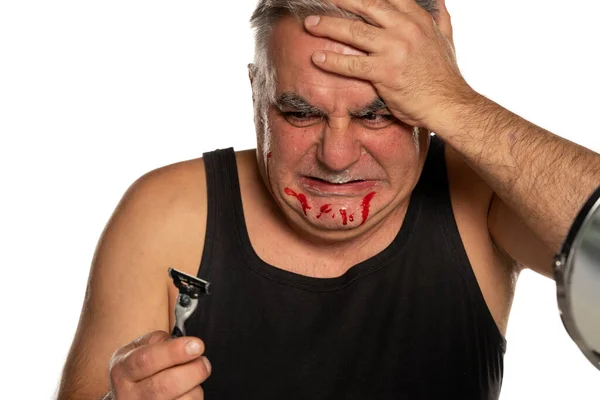 Nervous Middle Aged Man Blood His Face White Background — Stock Photo, Image