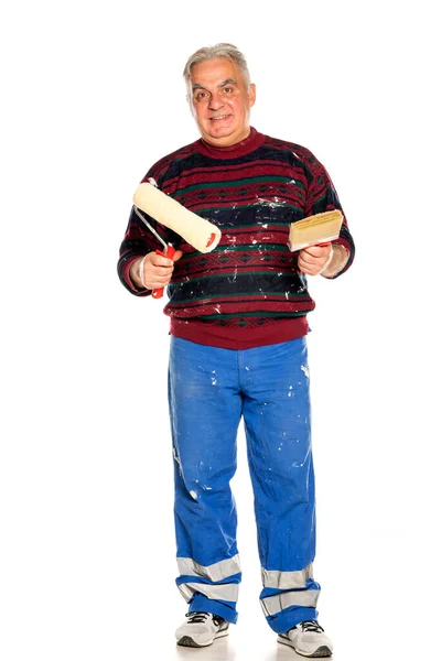 Hombre Feliz Mediana Edad Con Rodillo Pincel Para Pintura Pared —  Fotos de Stock