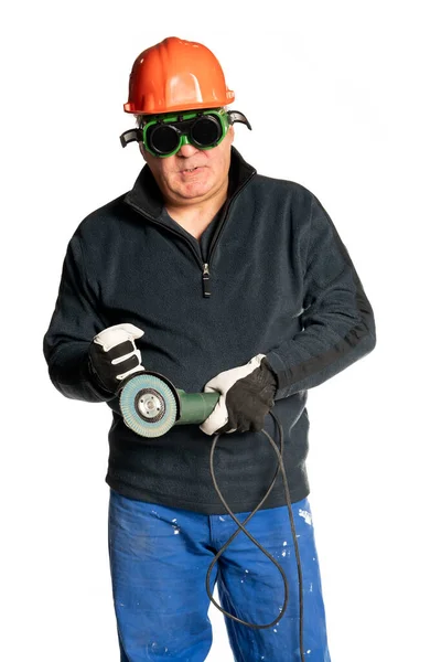 Man Angle Grinder Protective Equipment White Background — Stock Photo, Image