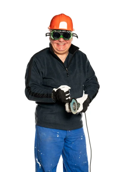 Homem Com Moedor Ângulo Equipamento Proteção Fundo Branco — Fotografia de Stock