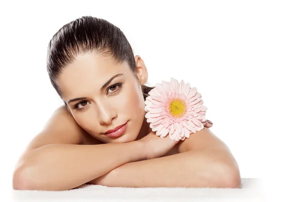 Woman with gerbera — Stock Photo, Image