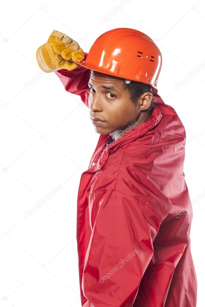 Worker with helmet and gloves
