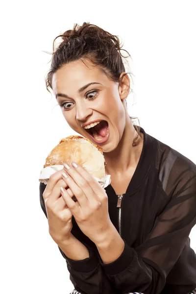 Kız holding sendwich — Stok fotoğraf