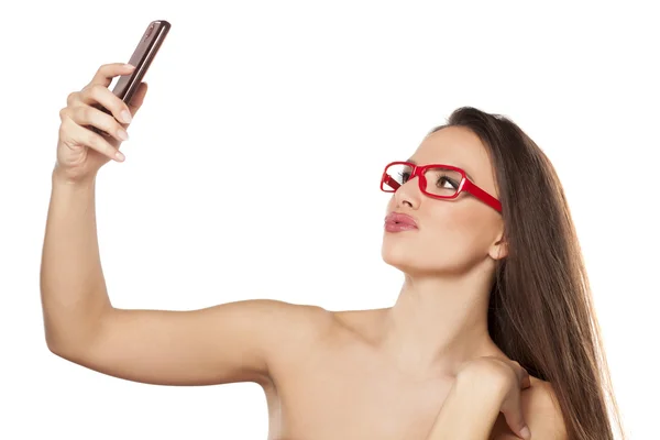 Nő, így selfie szemüvegek — Stock Fotó