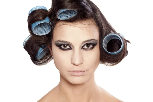 Lockenwickler und schlechtes Make-up — Stockfoto