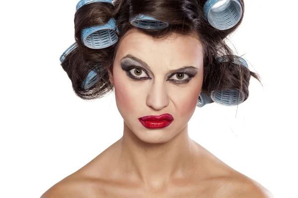 Hair curlers and bad make up — Stock Photo, Image