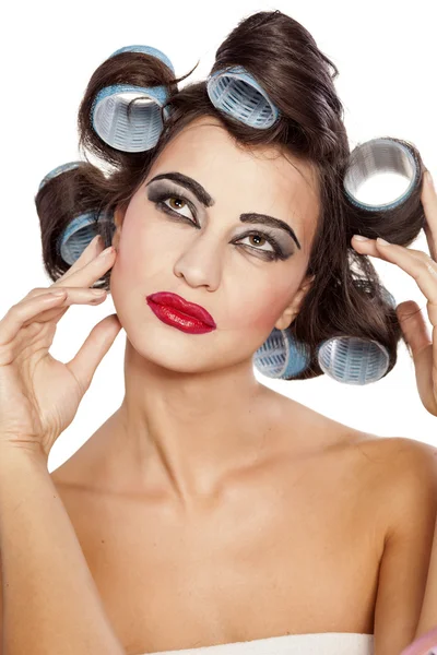 Hair curlers and bad make — Stock Photo, Image