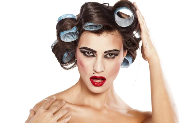 Hair curlers and bad make up — Stock Photo, Image