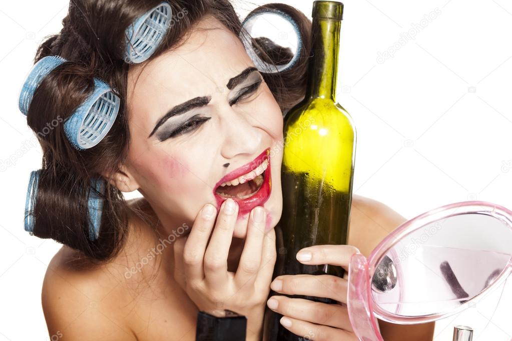 Drunk woman with curlers