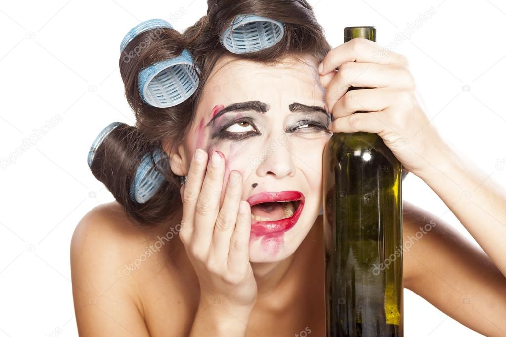 Drunk woman  with curlers