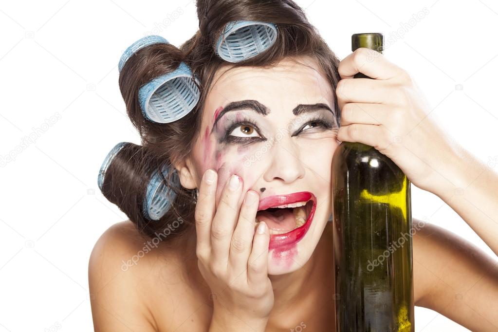 Drunk woman  with curlers