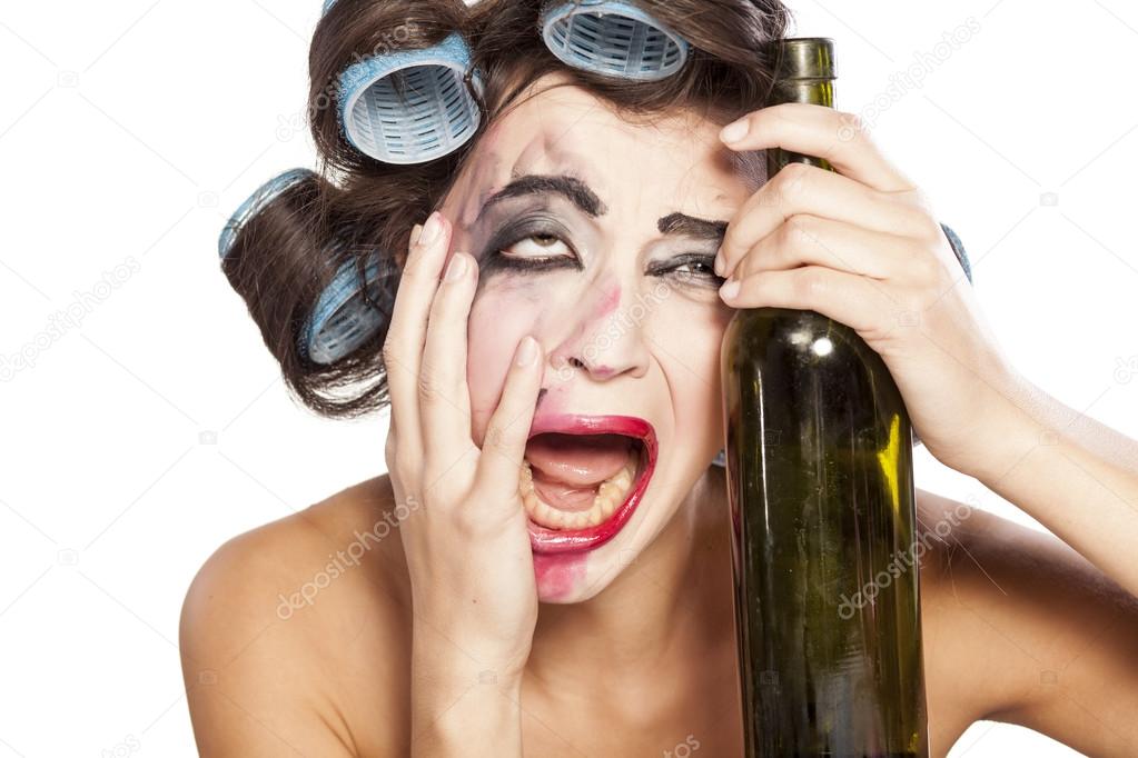 Drunk woman  with curlers