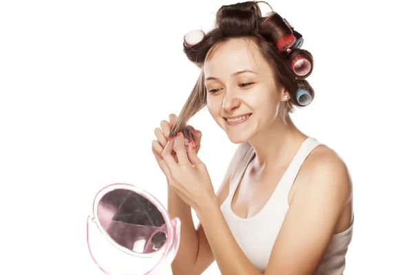 Woman with curlers — Stock Photo, Image