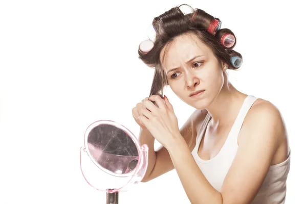 Woman with curlers — Stock Photo, Image