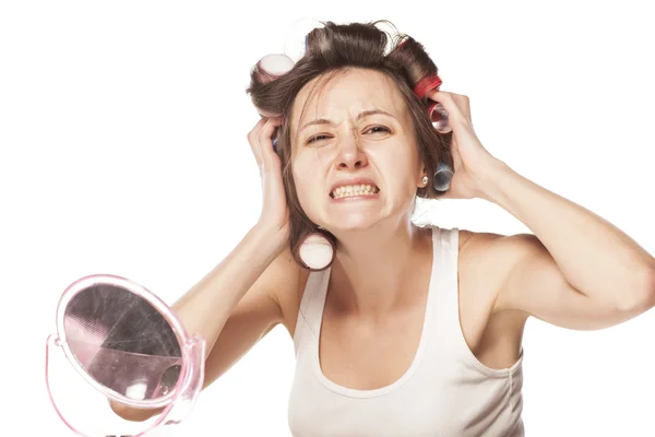 Woman with curlers — Stock Photo, Image