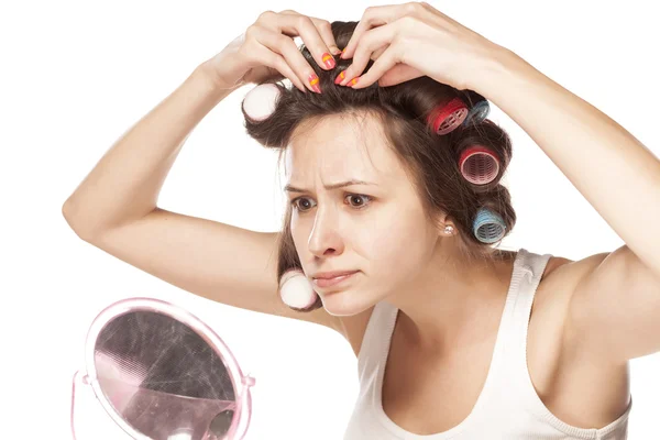 Woman with curlers — Stock Photo, Image