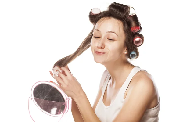 Woman with curlers — Stock Photo, Image