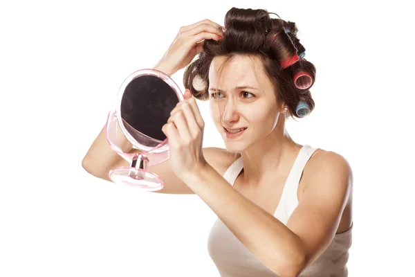 Woman with curlers — Stock Photo, Image