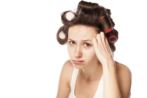 Woman with curlers — Stock Photo, Image