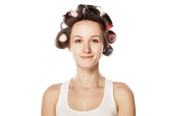 Woman with curlers — Stock Photo, Image