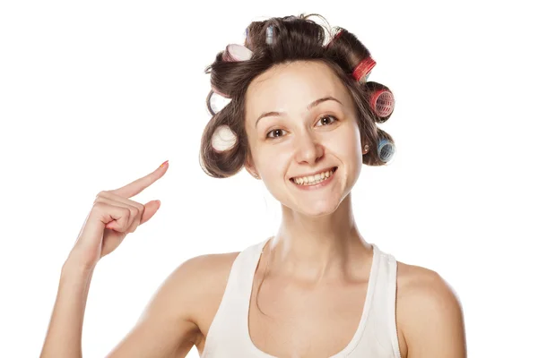 Woman with curlers — Stock Photo, Image