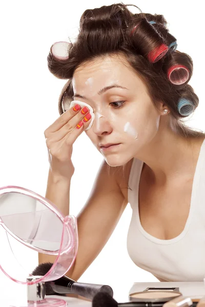 Woman with curlers — Stock Photo, Image