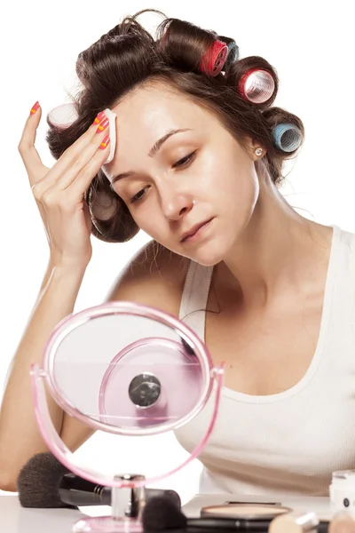 Woman with curlers — Stock Photo, Image