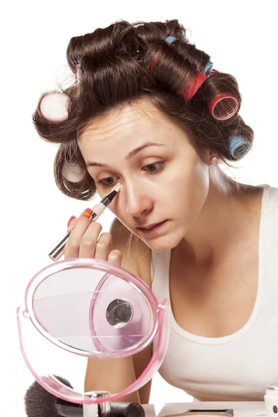 Woman with curlers — Stock Photo, Image