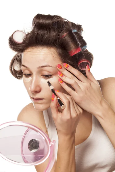 Woman with curlers — Stock Photo, Image