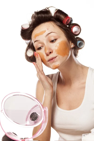 Woman with curlers — Stock Photo, Image