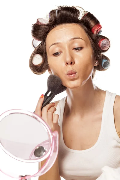 Woman with curlers — Stock Photo, Image