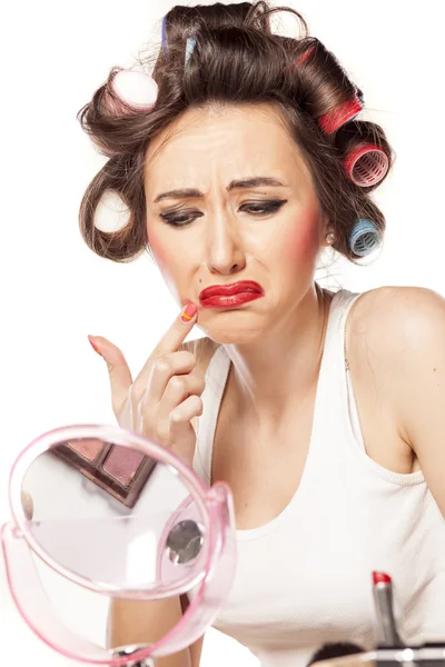 Woman with curlers — Stock Photo, Image