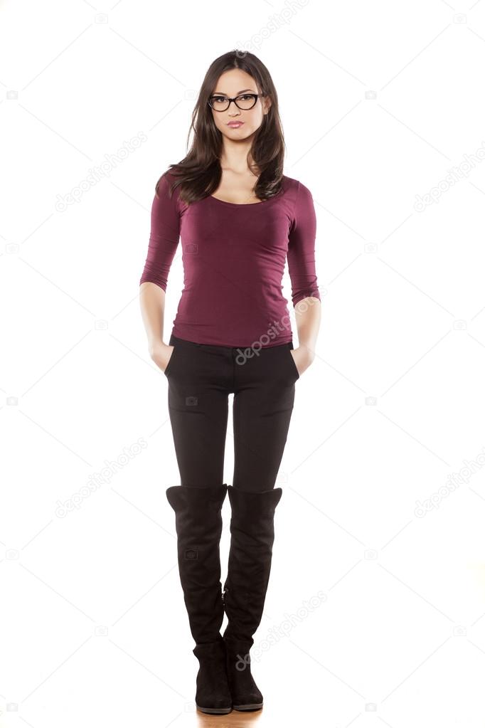 Woman with eyeglasses wearing boots