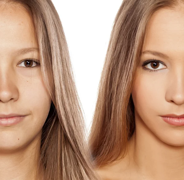Vor und nach dem Make-up — Stockfoto