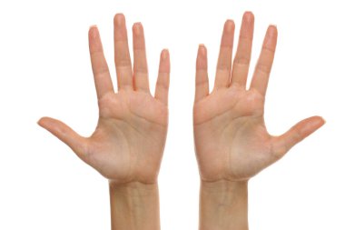 Avuç içleri açık, beyaz arka planda ön tarafa bakan bir kadının stüdyo görüntüsü.