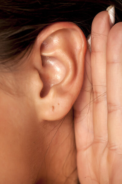 Woman's ear with hand behind