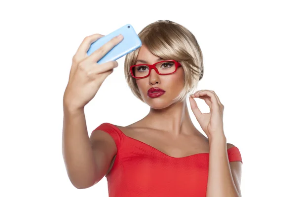 Blonde making selfie — Stock Photo, Image