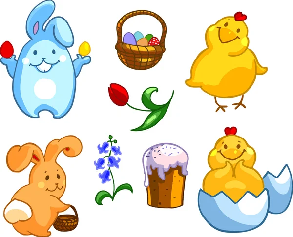 Easter set with cutie rabbits and chickens Vector Graphics
